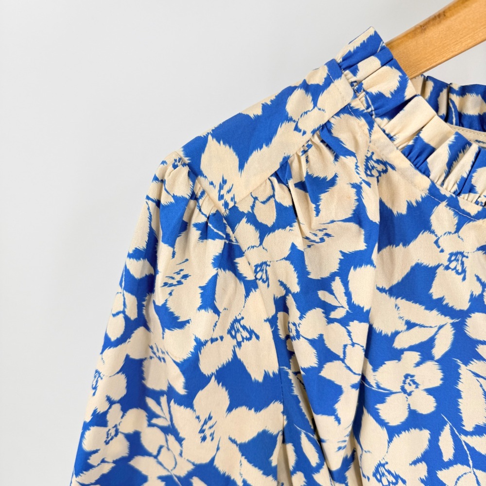 Shoshanna Floral Midi Dress Belted Ruffle‎ Hem Split Neck Blue Ivory Size 4 - Picture 7 of 8
